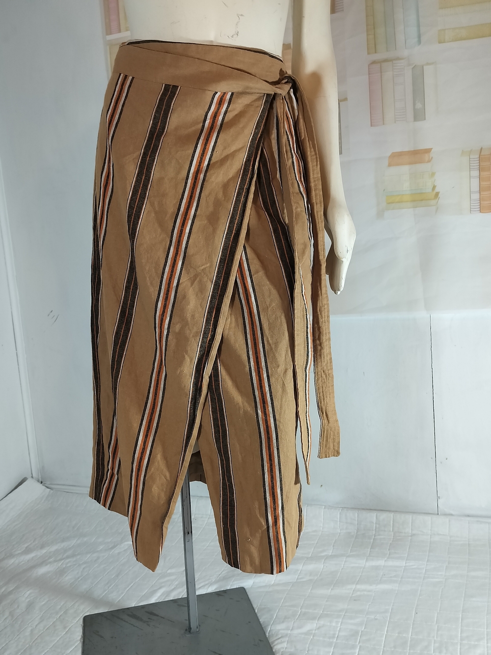 Worthington Tan Striped Wrap Midi Skirt with Black & Rust Accents